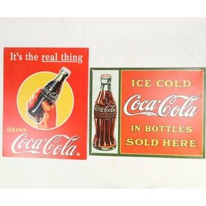 Coca Cola Real Thing & In Bottles Metal Signs 16"x 13" set of 2